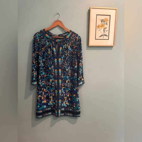 BCBG Max Azria Blue Dot Shift Dress Size Small 3/4 Sleeve Knew Length Black - Picture 3 of 11